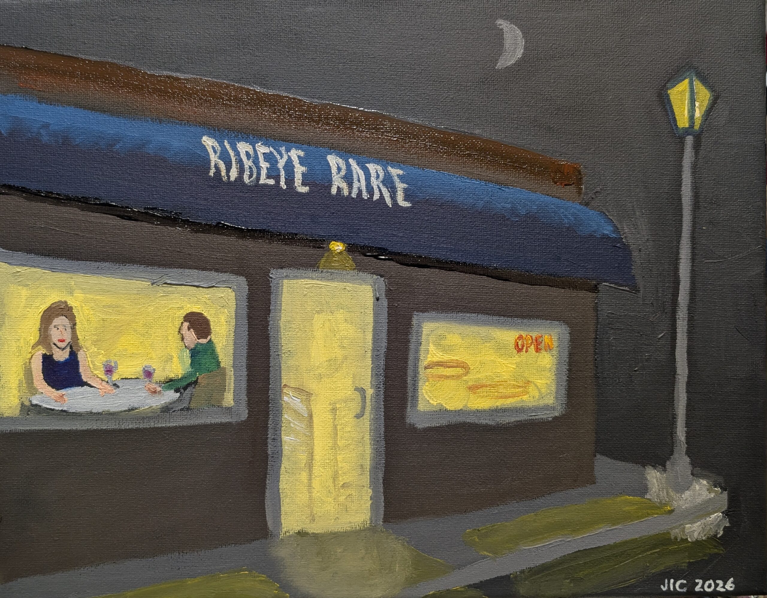 Painting depicting the facade of a restaurant at night. A couple can be seen at a table near the window. The name of the restaurant, Ribeye Rare, is painted on an awning.